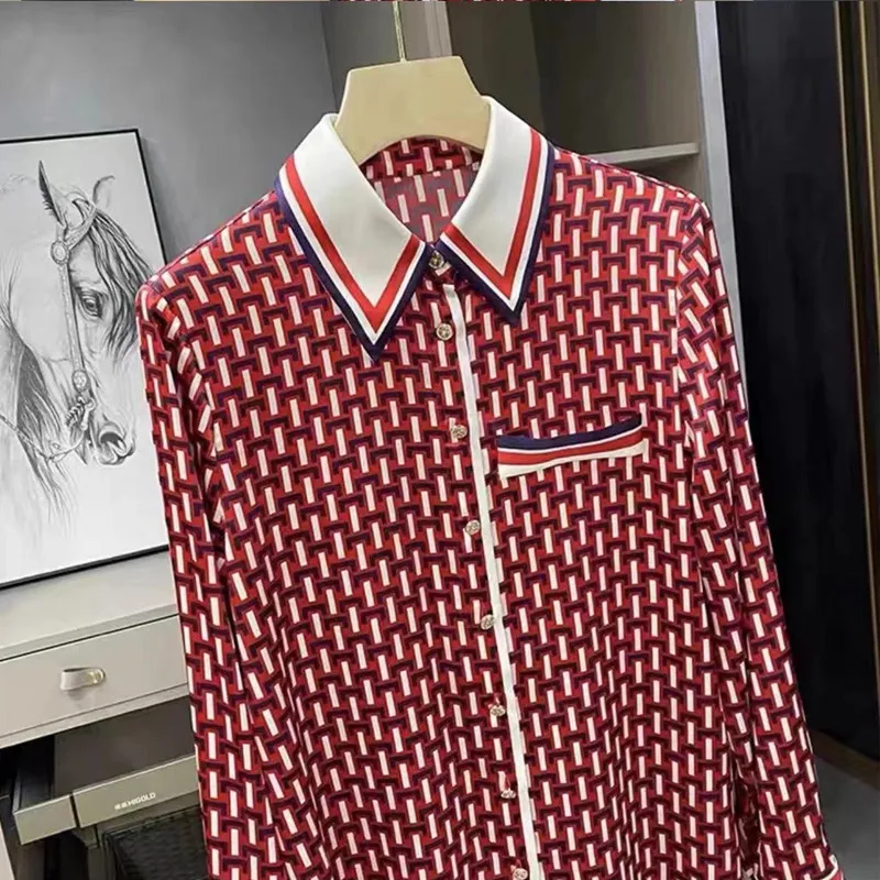 High Quality Satin Silk Shirt Women's 2025 New Spring Summer Long Sleeved Mulberry Silk Top with Striped Patchwork Shirt Blouses