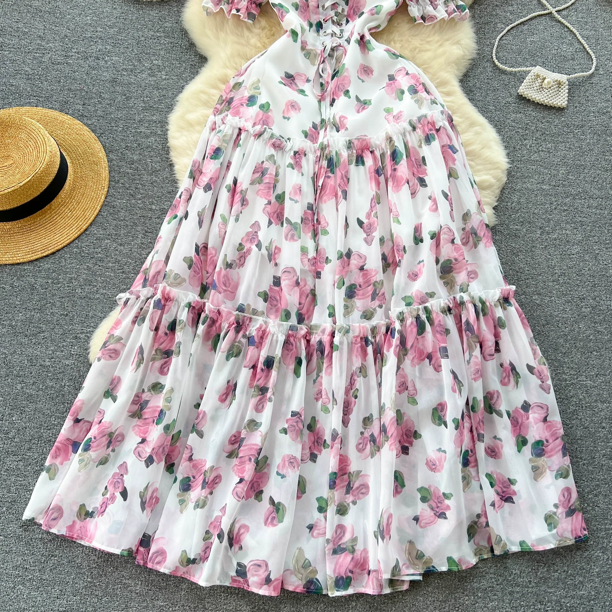 Women Chiffon Maxi Dress Summer Short Sleeve Floral Printed Elegant Party Dresses Ladies Vintage Slim A-line Beach Long Dress