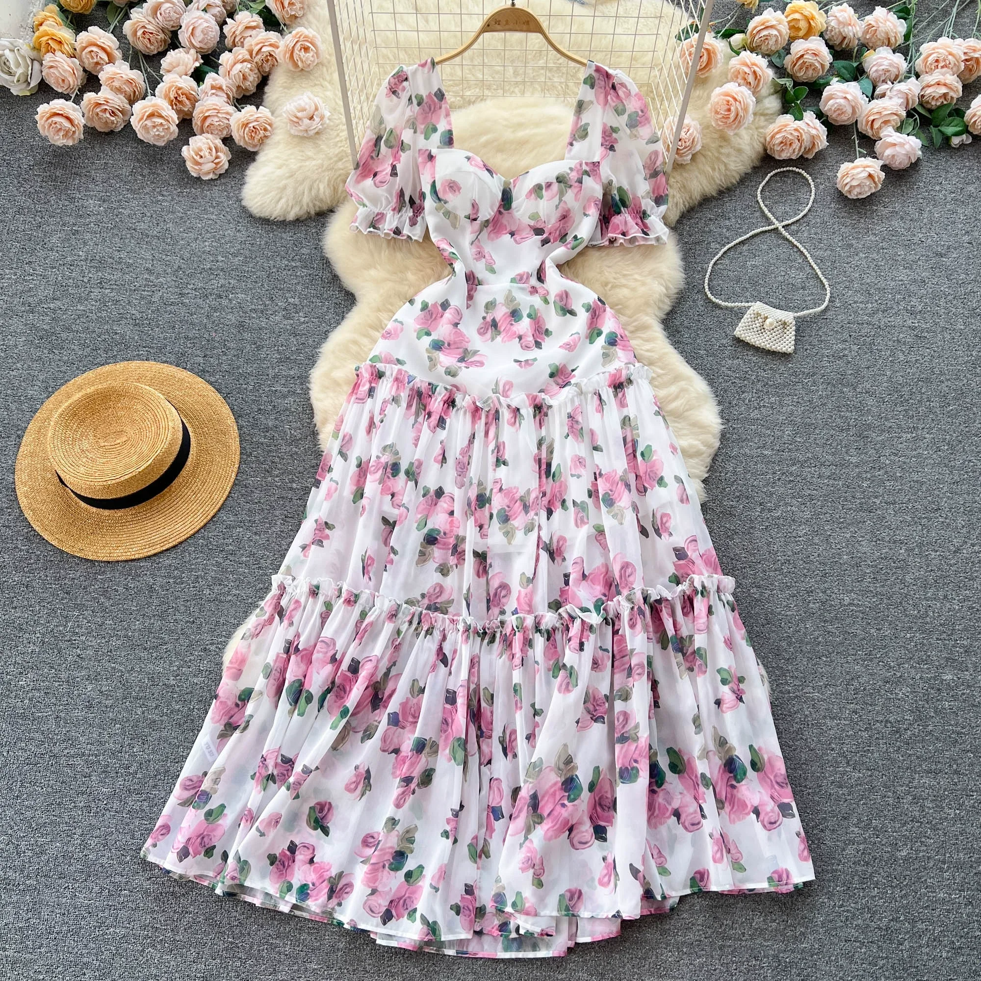 Women Chiffon Maxi Dress Summer Short Sleeve Floral Printed Elegant Party Dresses Ladies Vintage Slim A-line Beach Long Dress