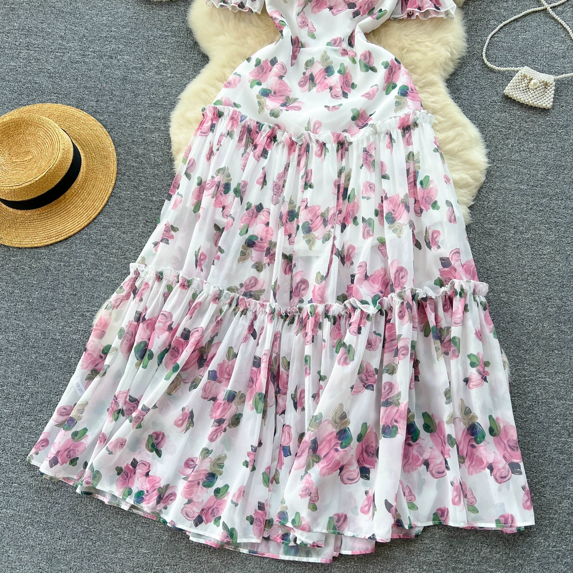 Women Chiffon Maxi Dress Summer Short Sleeve Floral Printed Elegant Party Dresses Ladies Vintage Slim A-line Beach Long Dress