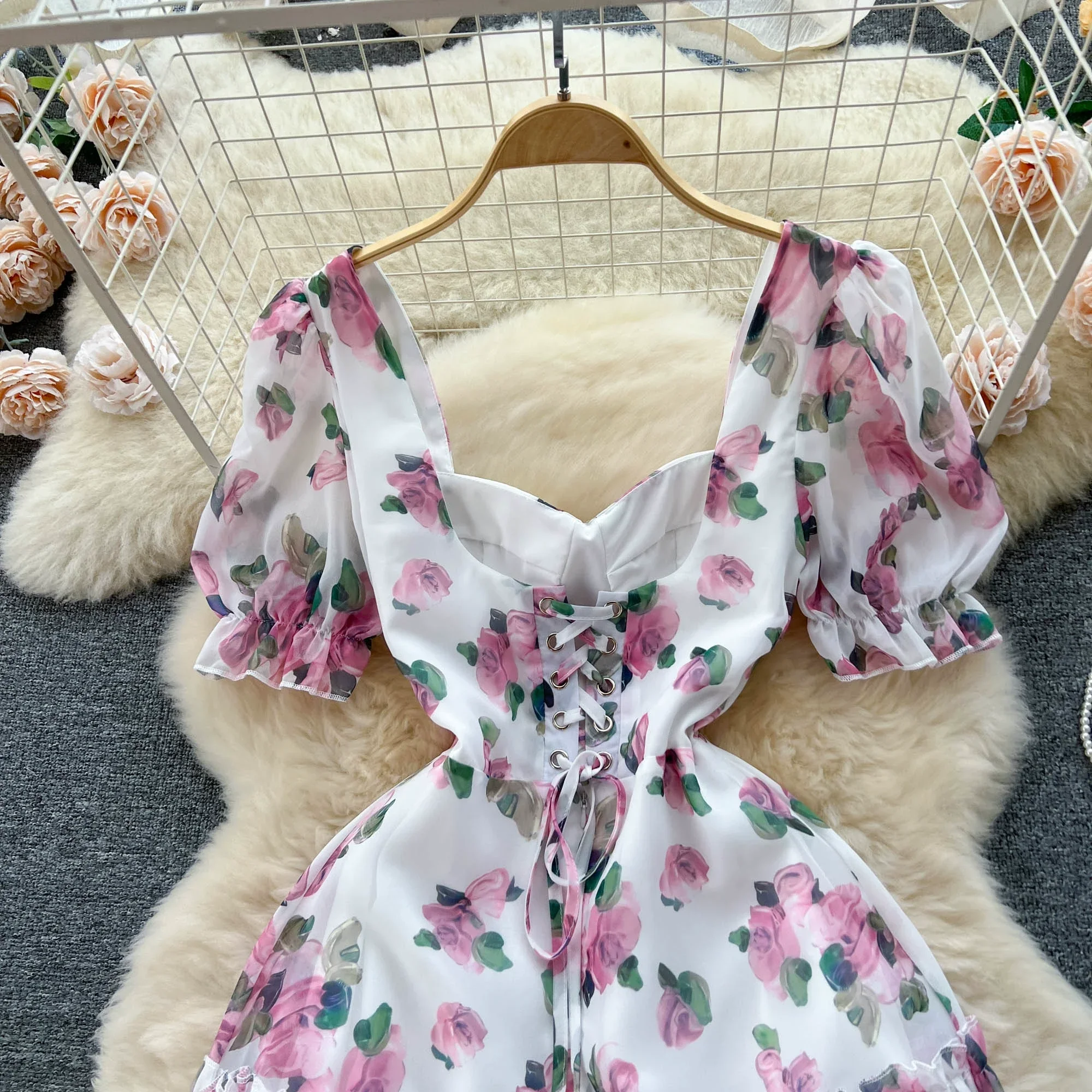 Women Chiffon Maxi Dress Summer Short Sleeve Floral Printed Elegant Party Dresses Ladies Vintage Slim A-line Beach Long Dress