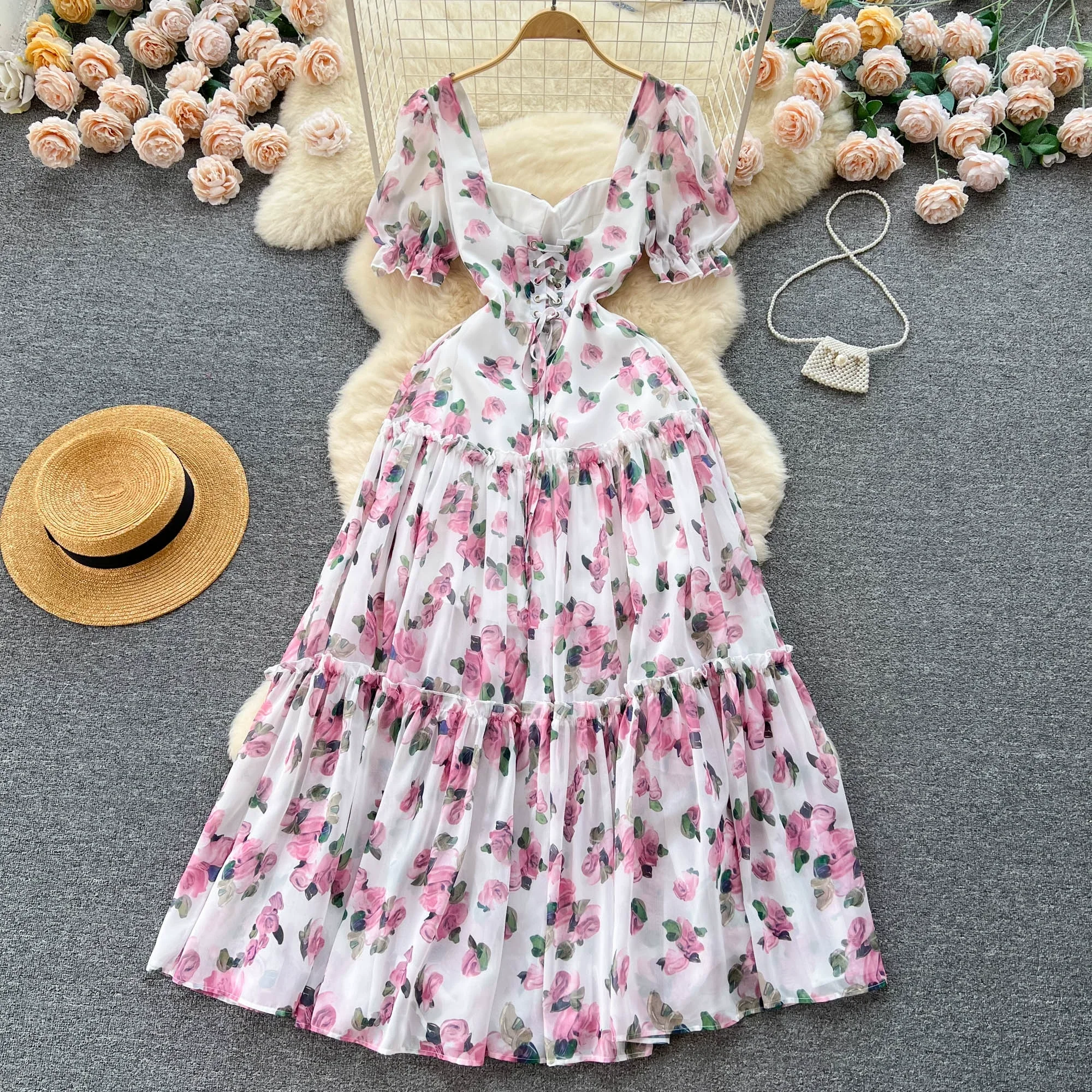 Women Chiffon Maxi Dress Summer Short Sleeve Floral Printed Elegant Party Dresses Ladies Vintage Slim A-line Beach Long Dress