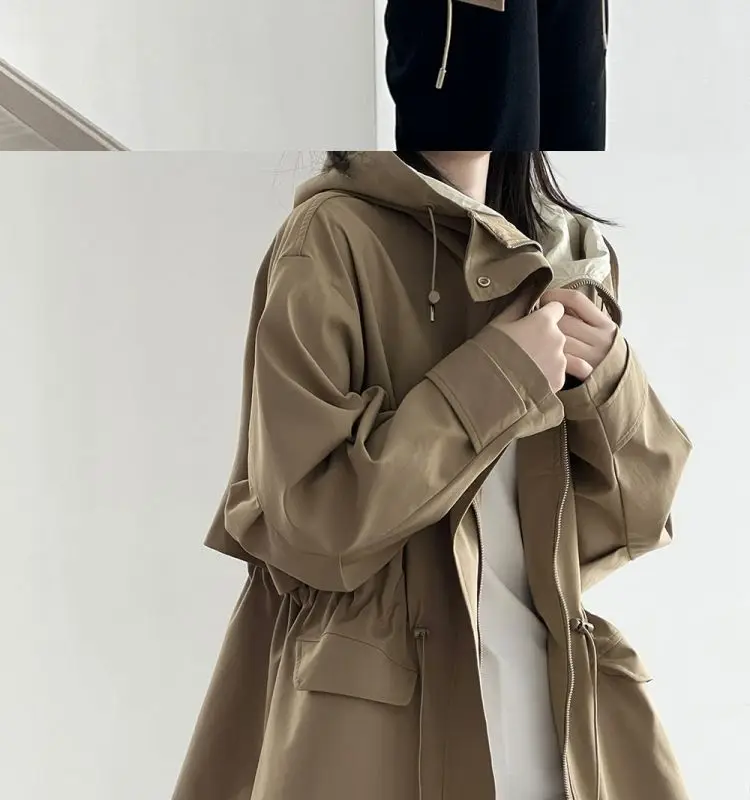 Cotton Khaki Hooded Trench Coat Women's Autumn And Winter New Short Coat Retro Casual Loose Top