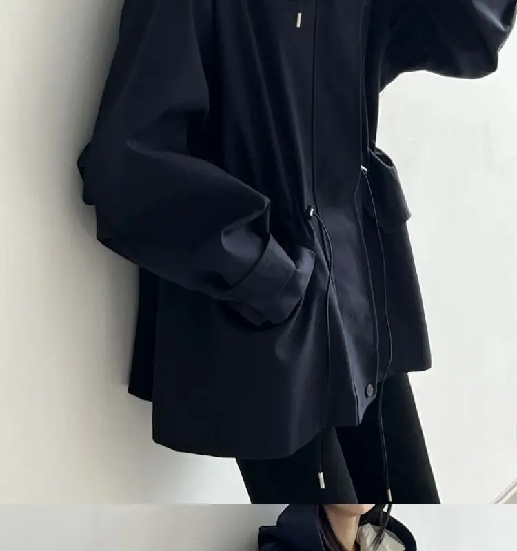 Cotton Khaki Hooded Trench Coat Women's Autumn And Winter New Short Coat Retro Casual Loose Top