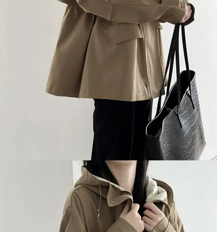 Cotton Khaki Hooded Trench Coat Women's Autumn And Winter New Short Coat Retro Casual Loose Top