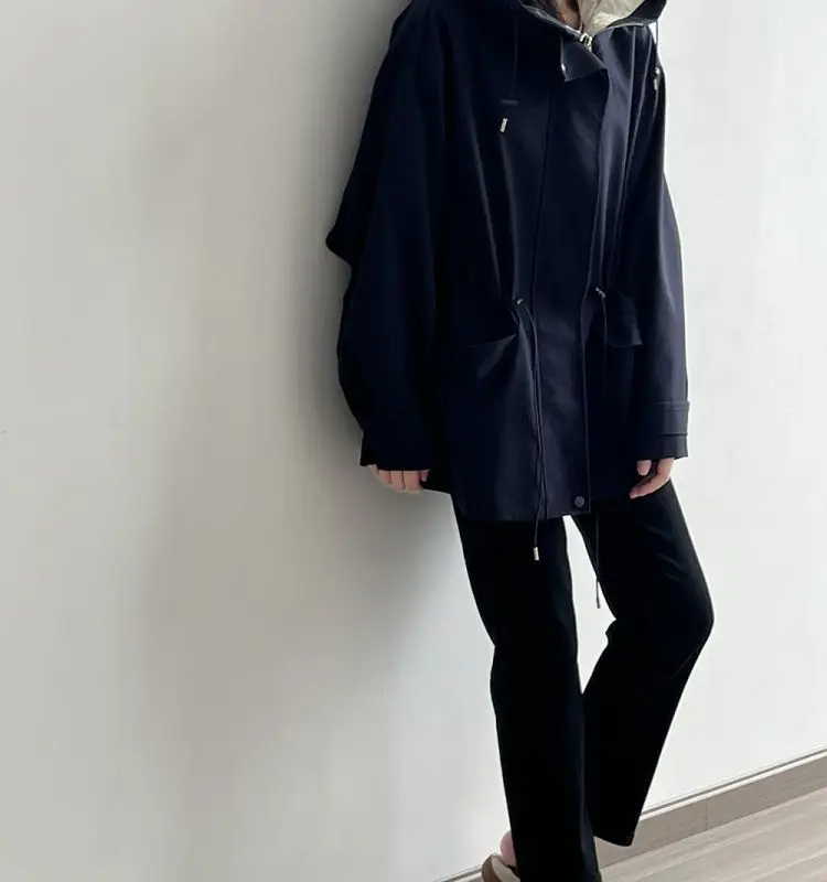 Cotton Khaki Hooded Trench Coat Women's Autumn And Winter New Short Coat Retro Casual Loose Top