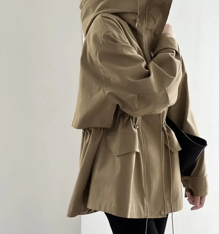 Cotton Khaki Hooded Trench Coat Women's Autumn And Winter New Short Coat Retro Casual Loose Top