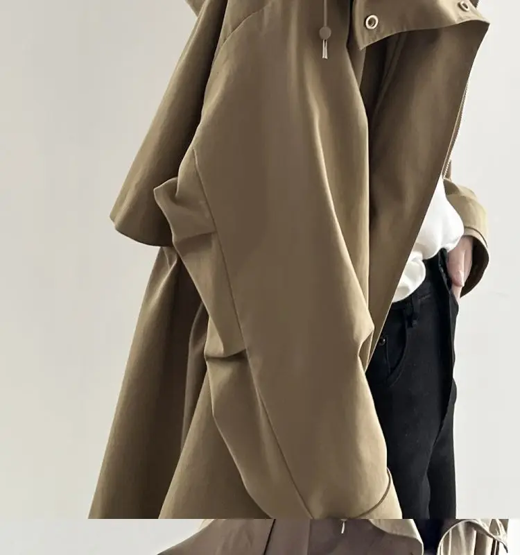Cotton Khaki Hooded Trench Coat Women's Autumn And Winter New Short Coat Retro Casual Loose Top