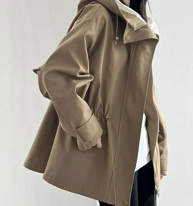 Cotton Khaki Hooded Trench Coat Women's Autumn And Winter New Short Coat Retro Casual Loose Top