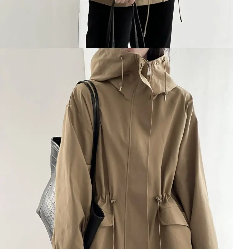 Cotton Khaki Hooded Trench Coat Women's Autumn And Winter New Short Coat Retro Casual Loose Top