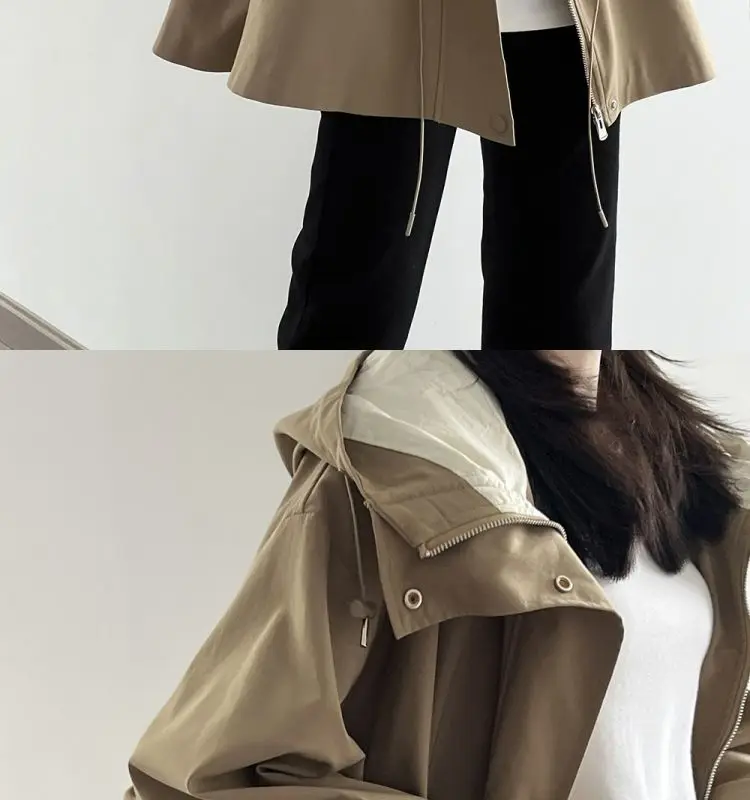 Cotton Khaki Hooded Trench Coat Women's Autumn And Winter New Short Coat Retro Casual Loose Top