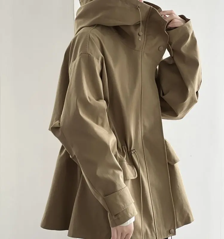 Cotton Khaki Hooded Trench Coat Women's Autumn And Winter New Short Coat Retro Casual Loose Top