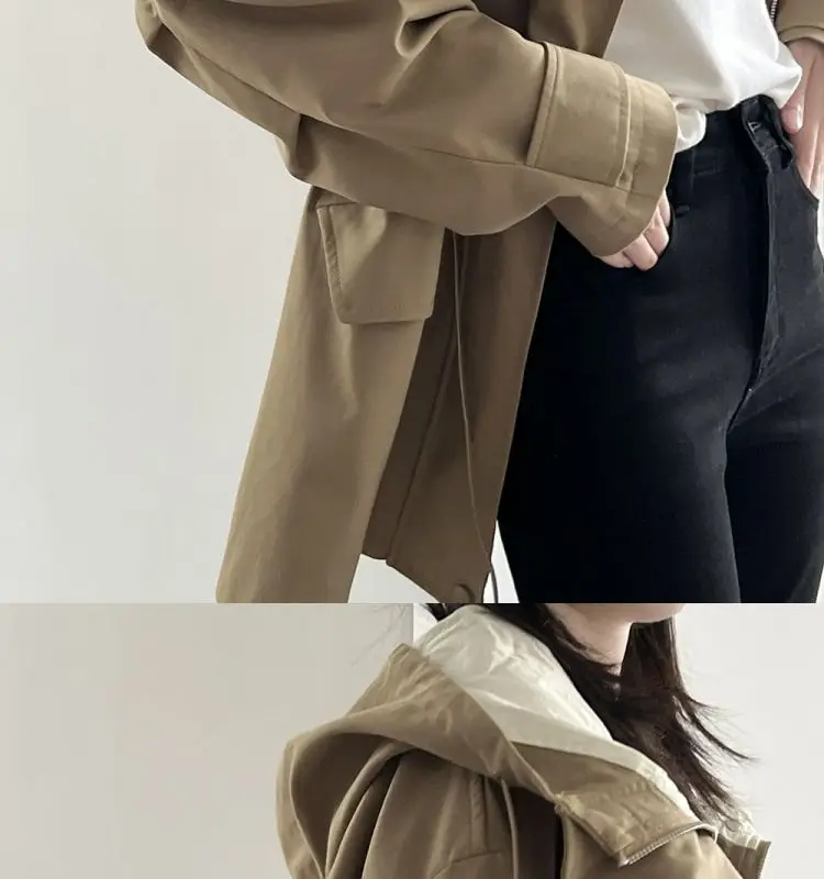 Cotton Khaki Hooded Trench Coat Women's Autumn And Winter New Short Coat Retro Casual Loose Top