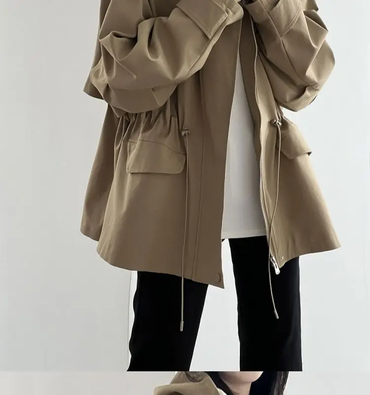 Cotton Khaki Hooded Trench Coat Women's Autumn And Winter New Short Coat Retro Casual Loose Top