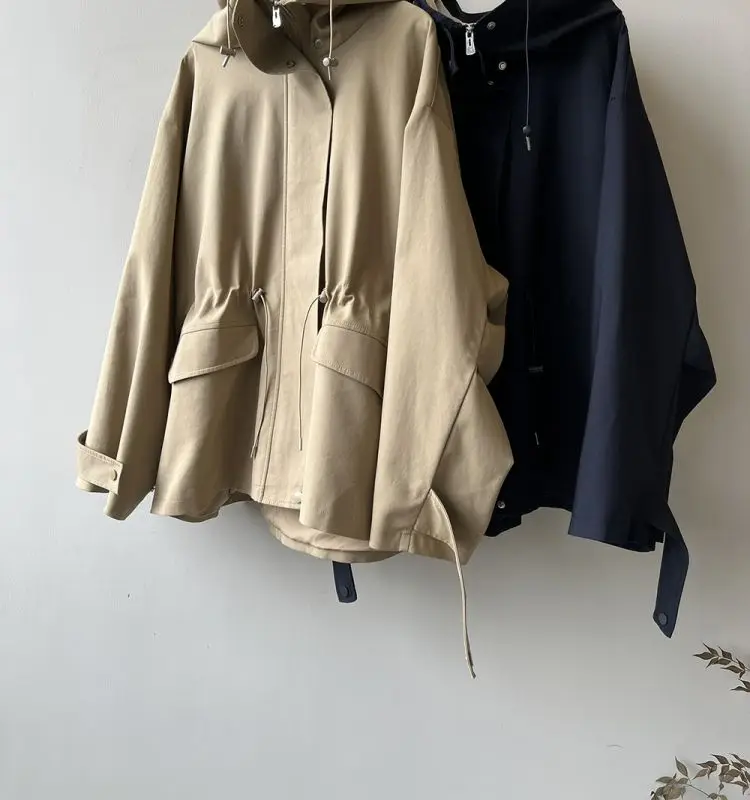 Cotton Khaki Hooded Trench Coat Women's Autumn And Winter New Short Coat Retro Casual Loose Top