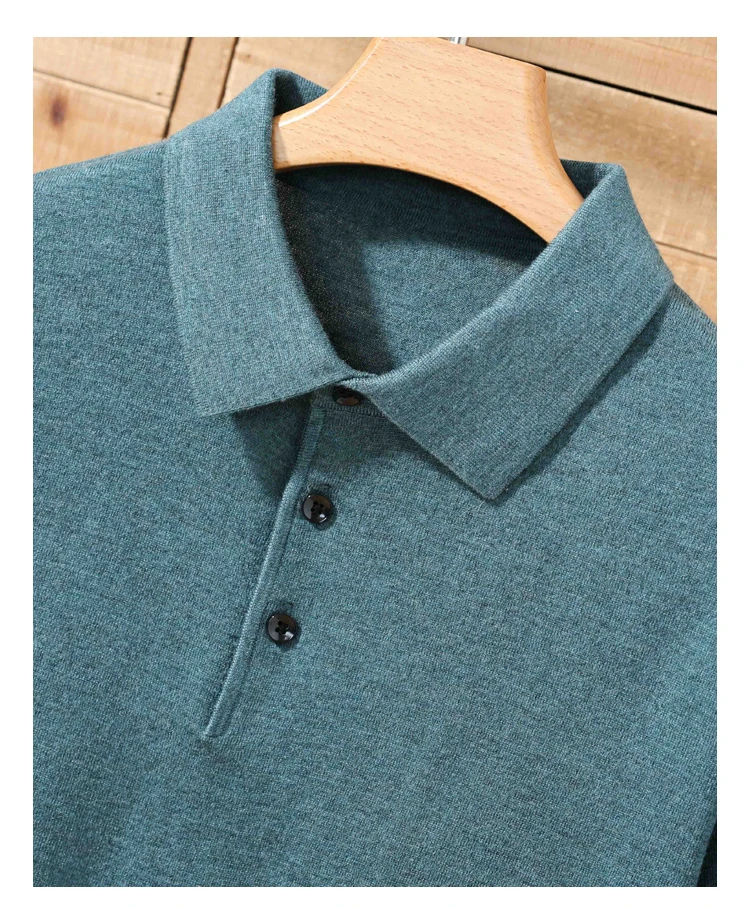 Men's summer new 100% Merino wool leisure knitted Polo neck fashion loose solid color short sleeve plus size bottoming shirt.