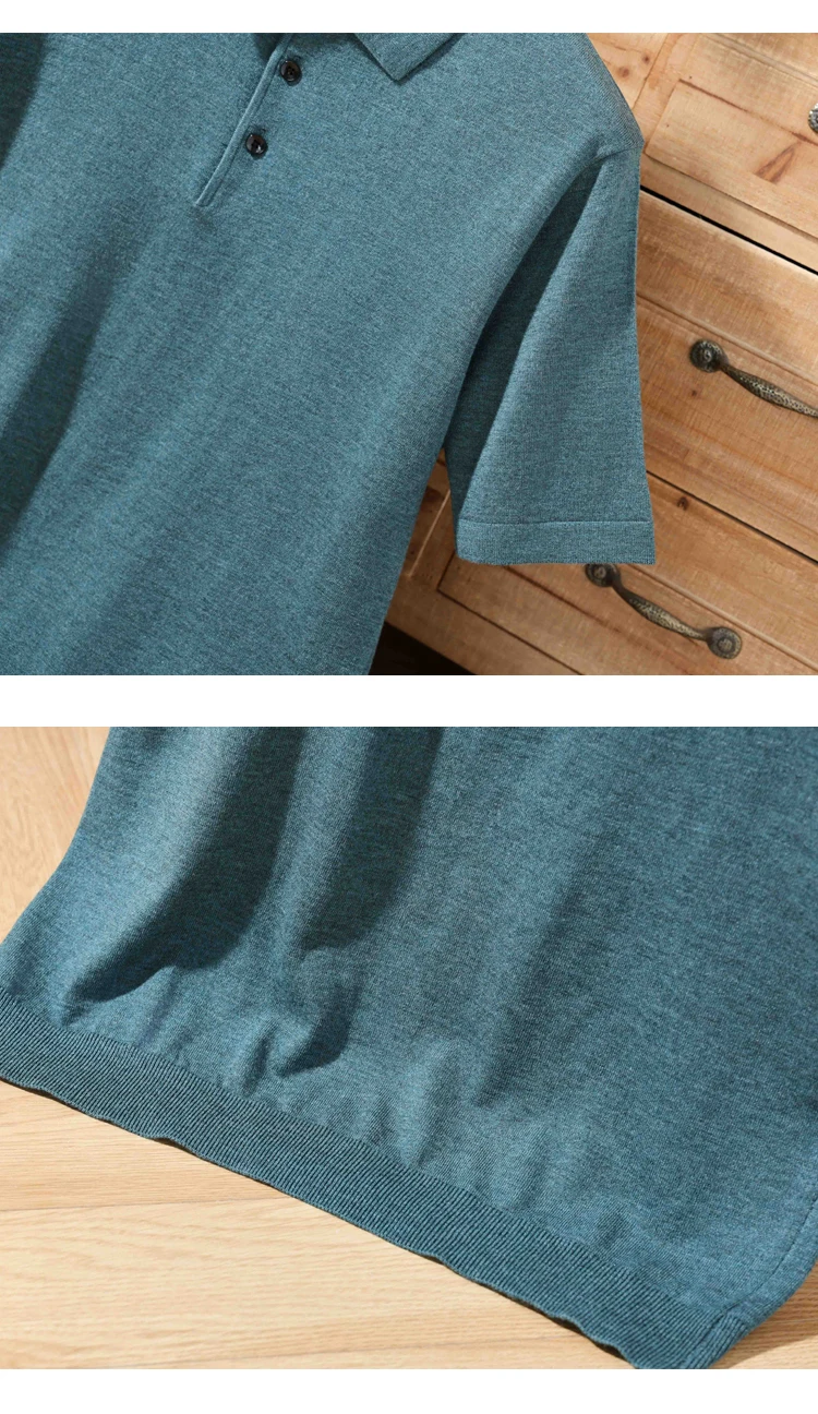 Men's summer new 100% Merino wool leisure knitted Polo neck fashion loose solid color short sleeve plus size bottoming shirt.
