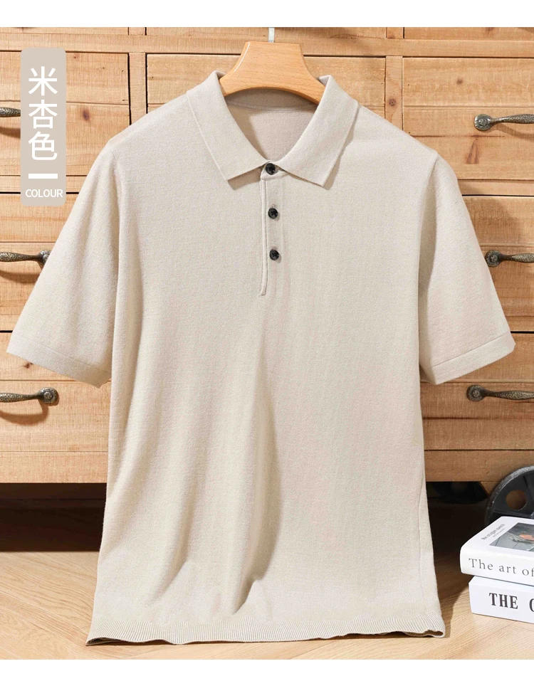 Men's summer new 100% Merino wool leisure knitted Polo neck fashion loose solid color short sleeve plus size bottoming shirt.
