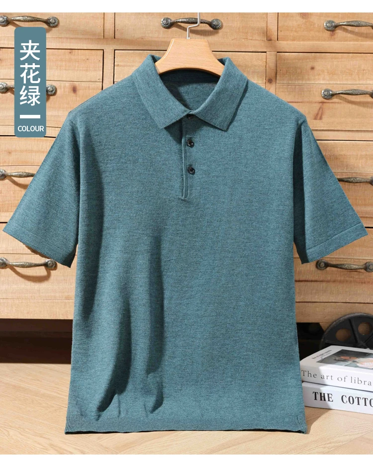 Men's summer new 100% Merino wool leisure knitted Polo neck fashion loose solid color short sleeve plus size bottoming shirt.