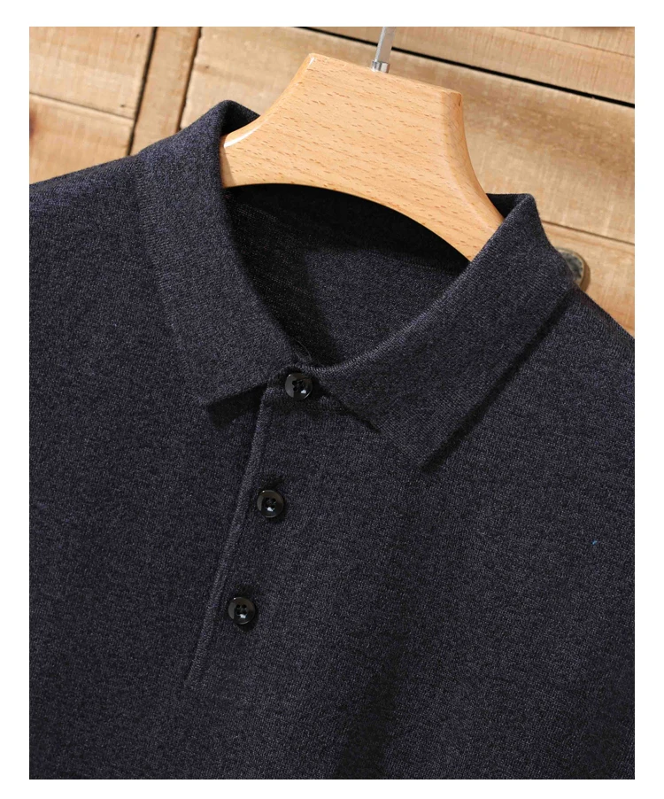 Men's summer new 100% Merino wool leisure knitted Polo neck fashion loose solid color short sleeve plus size bottoming shirt.