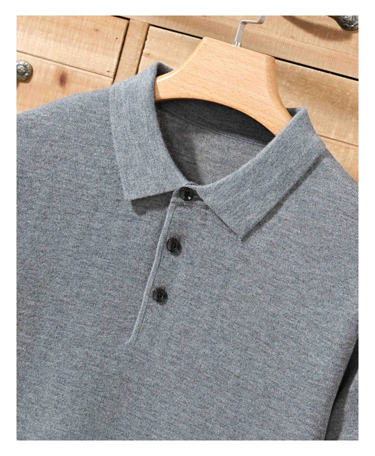 Men's summer new 100% Merino wool leisure knitted Polo neck fashion loose solid color short sleeve plus size bottoming shirt.