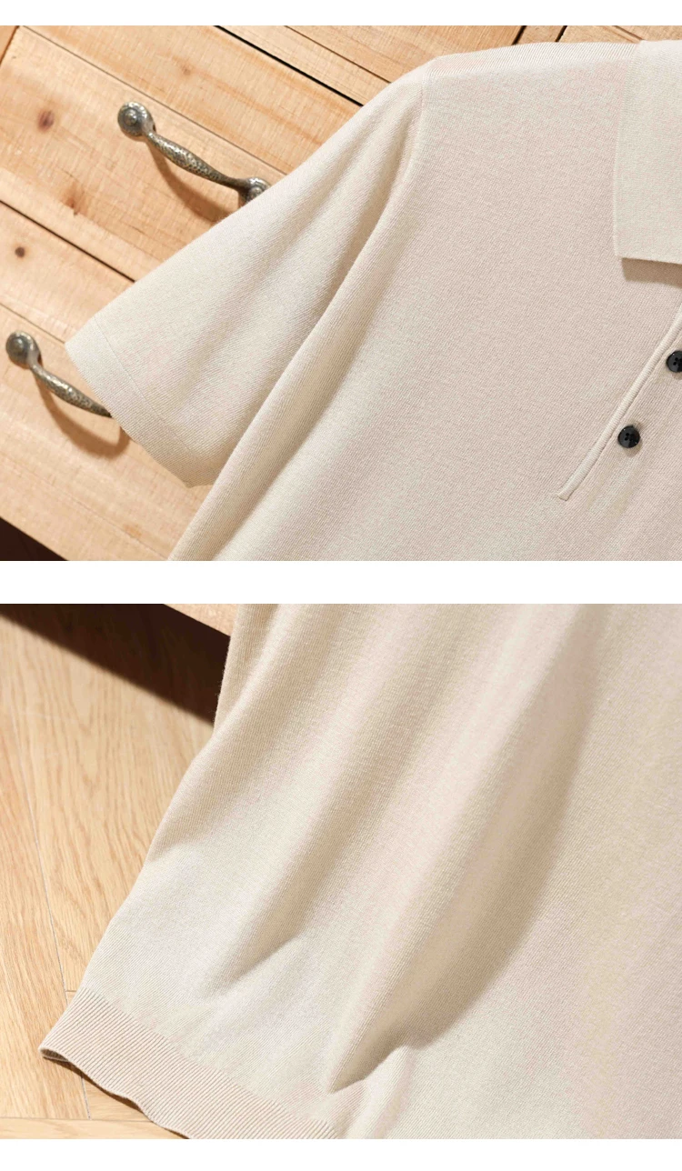 Men's summer new 100% Merino wool leisure knitted Polo neck fashion loose solid color short sleeve plus size bottoming shirt.