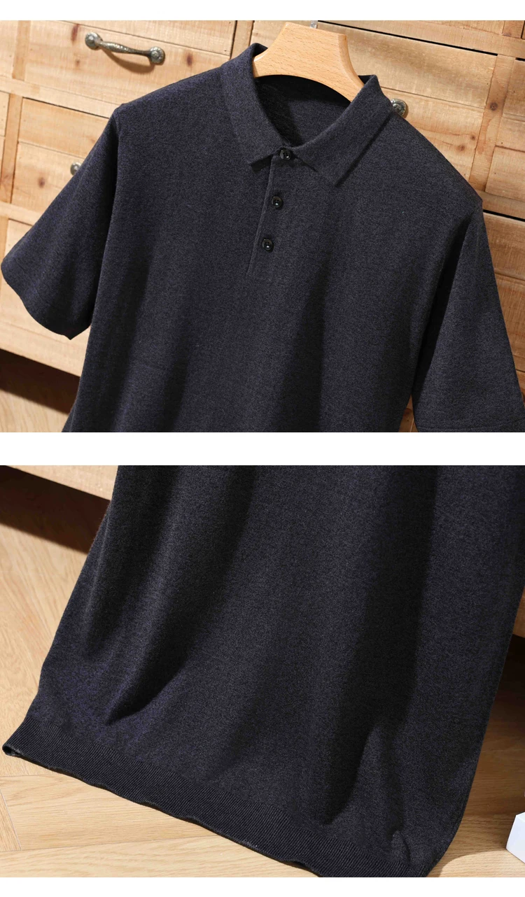 Men's summer new 100% Merino wool leisure knitted Polo neck fashion loose solid color short sleeve plus size bottoming shirt.