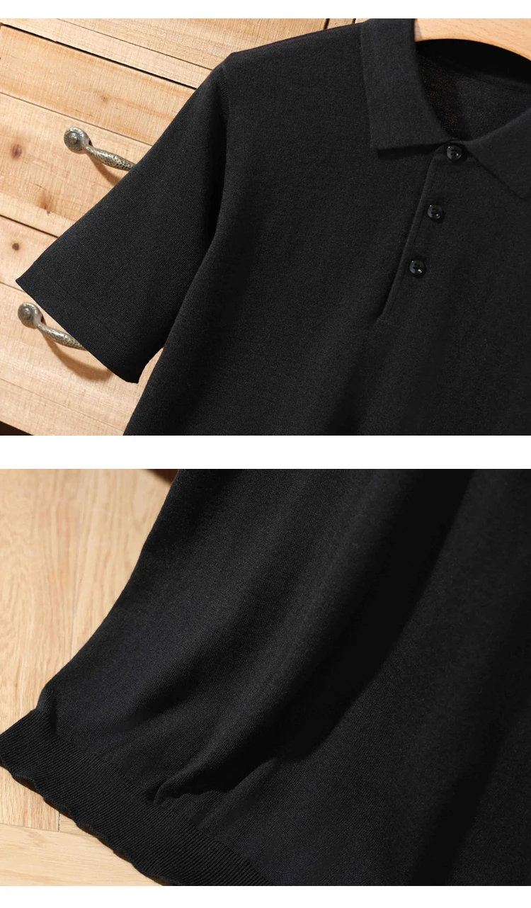 Men's summer new 100% Merino wool leisure knitted Polo neck fashion loose solid color short sleeve plus size bottoming shirt.