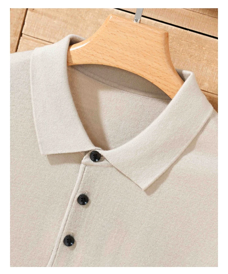 Men's summer new 100% Merino wool leisure knitted Polo neck fashion loose solid color short sleeve plus size bottoming shirt.