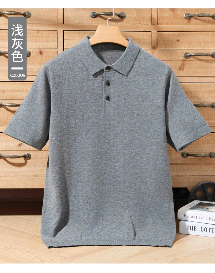 Men's summer new 100% Merino wool leisure knitted Polo neck fashion loose solid color short sleeve plus size bottoming shirt.