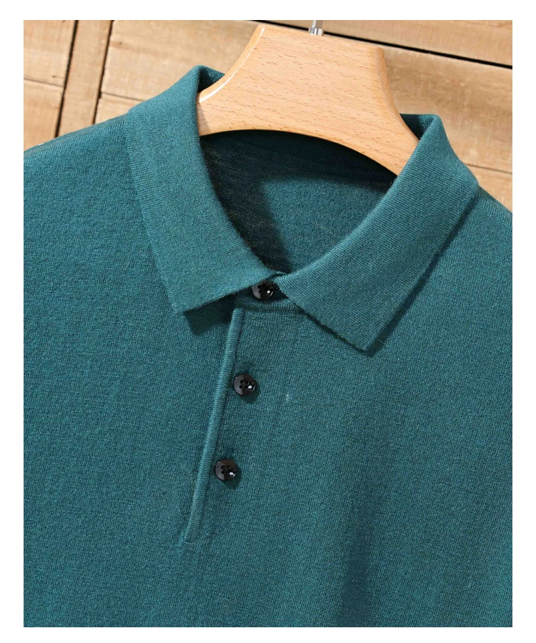 Men's summer new 100% Merino wool leisure knitted Polo neck fashion loose solid color short sleeve plus size bottoming shirt.