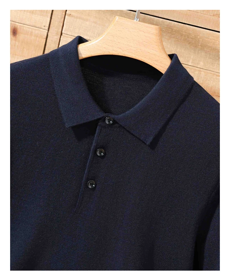 Men's summer new 100% Merino wool leisure knitted Polo neck fashion loose solid color short sleeve plus size bottoming shirt.