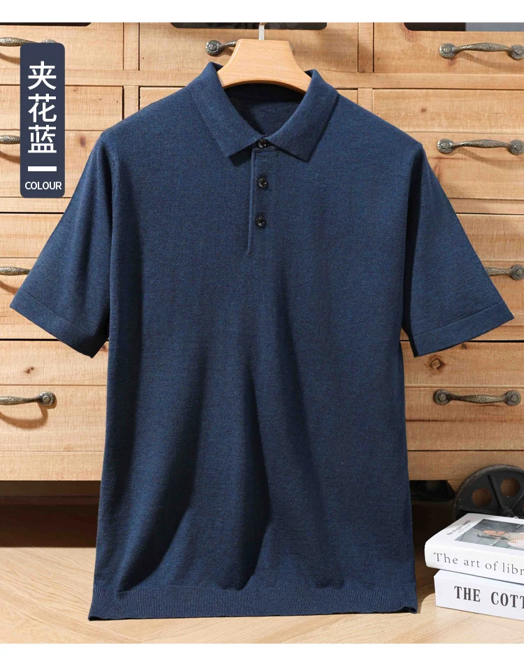 Men's summer new 100% Merino wool leisure knitted Polo neck fashion loose solid color short sleeve plus size bottoming shirt.