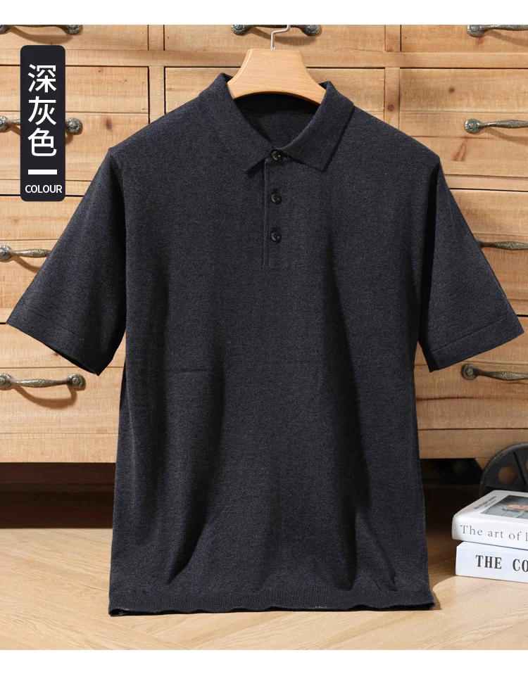 Men's summer new 100% Merino wool leisure knitted Polo neck fashion loose solid color short sleeve plus size bottoming shirt.