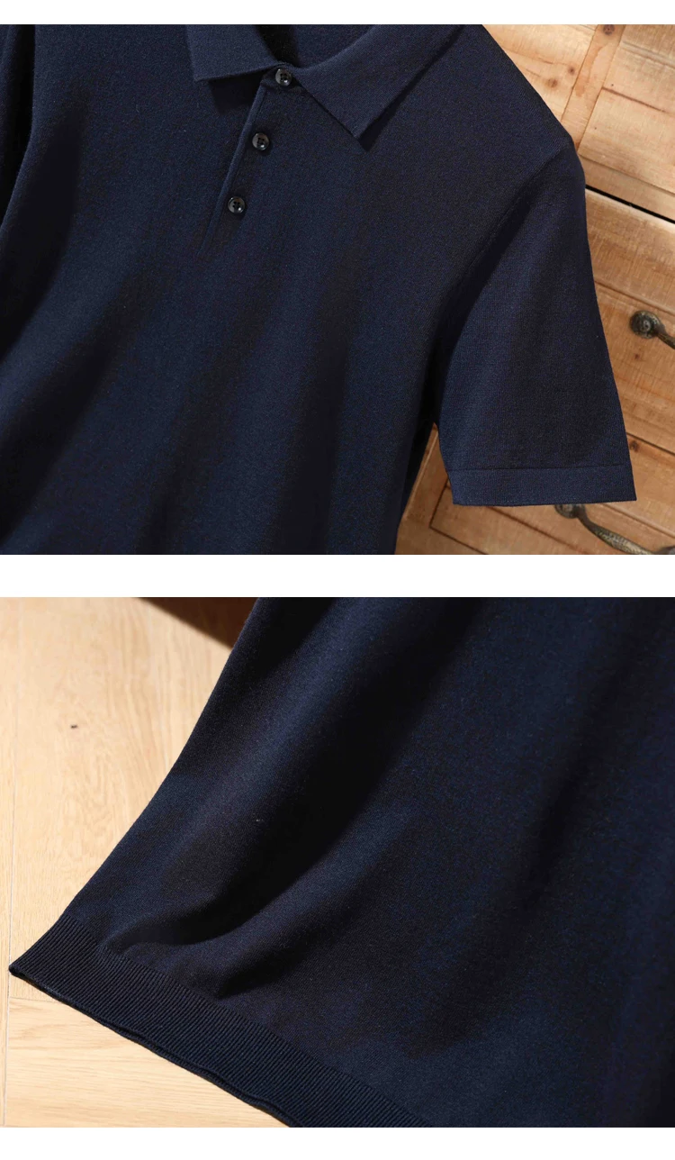 Men's summer new 100% Merino wool leisure knitted Polo neck fashion loose solid color short sleeve plus size bottoming shirt.