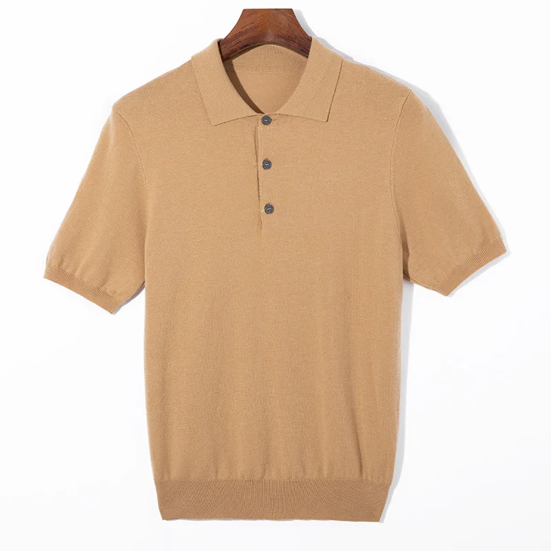 Men's summer new 100% Merino wool leisure knitted Polo neck fashion loose solid color short sleeve plus size bottoming shirt.