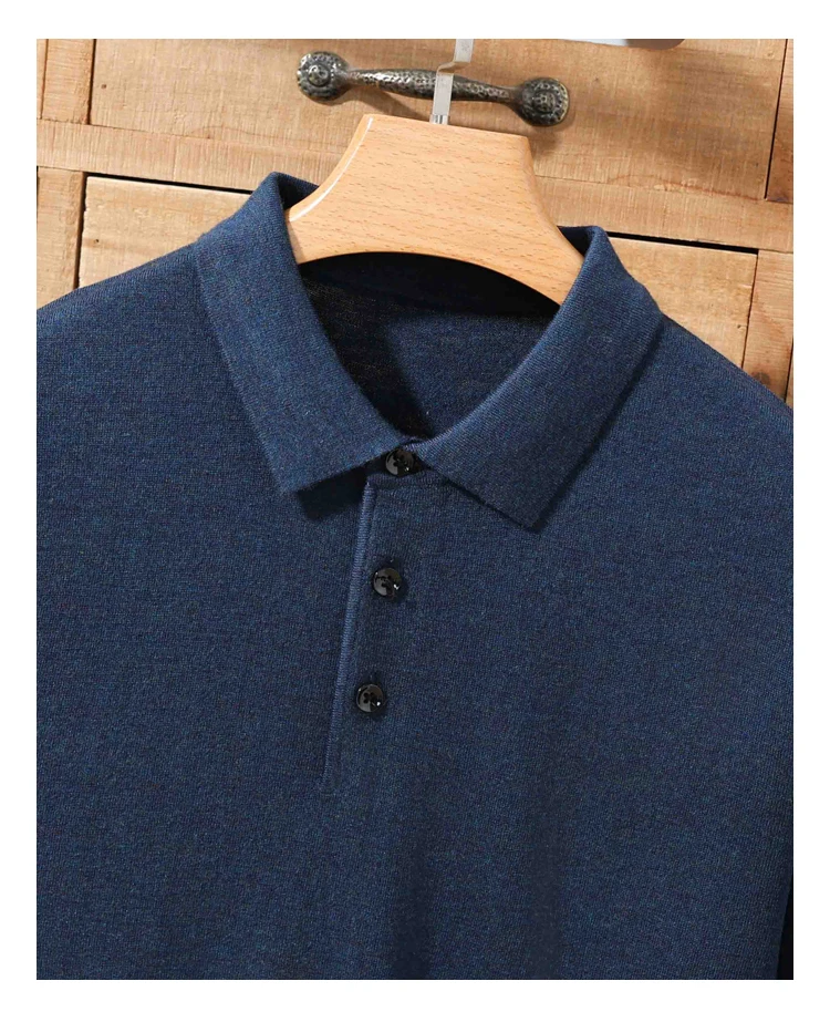 Men's summer new 100% Merino wool leisure knitted Polo neck fashion loose solid color short sleeve plus size bottoming shirt.