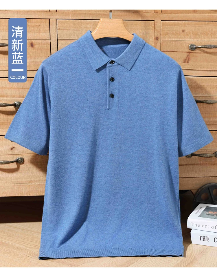 Men's summer new 100% Merino wool leisure knitted Polo neck fashion loose solid color short sleeve plus size bottoming shirt.