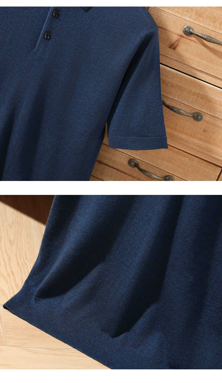 Men's summer new 100% Merino wool leisure knitted Polo neck fashion loose solid color short sleeve plus size bottoming shirt.
