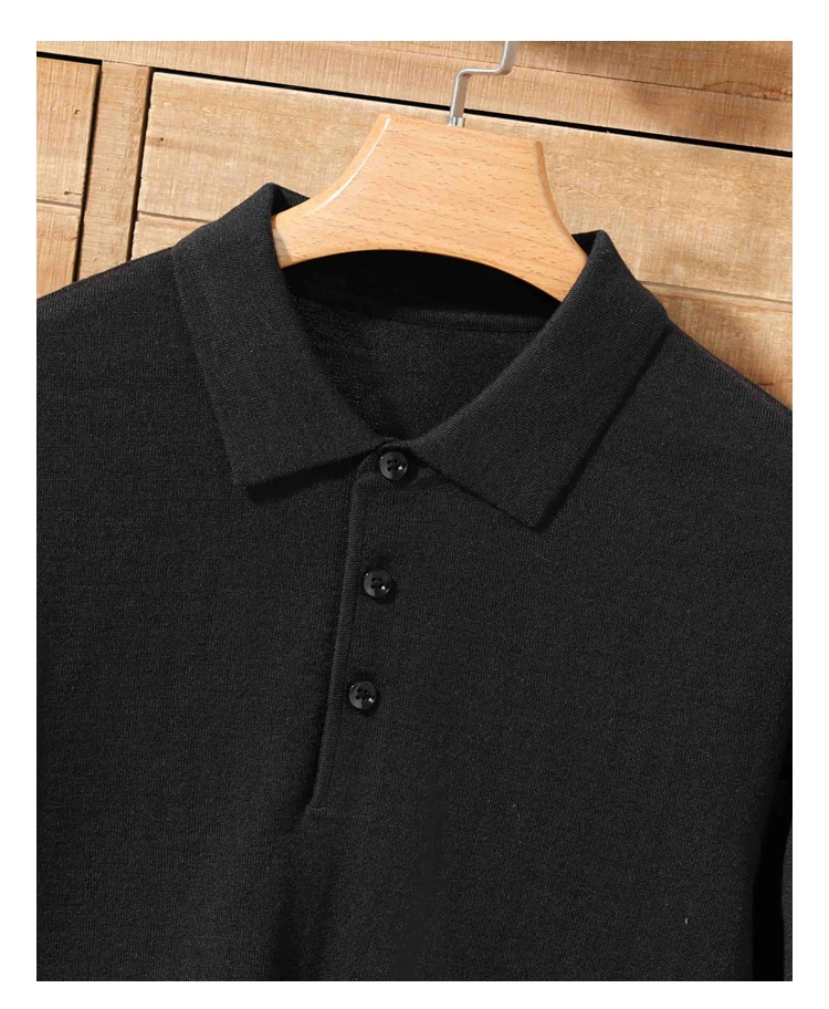 Men's summer new 100% Merino wool leisure knitted Polo neck fashion loose solid color short sleeve plus size bottoming shirt.