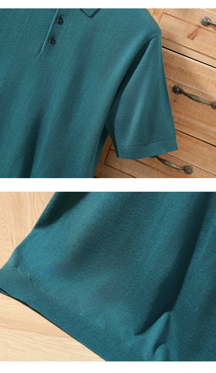 Men's summer new 100% Merino wool leisure knitted Polo neck fashion loose solid color short sleeve plus size bottoming shirt.