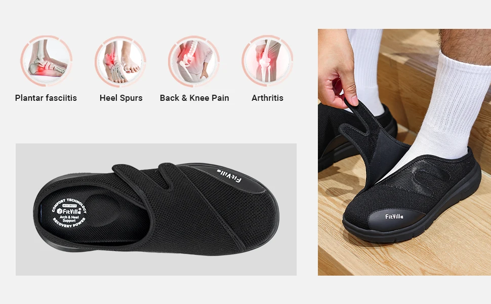 FitVille Men's Half Slippers Diabetic Shoes Extra Wide Adjustable Lightweight Casual Shoe For Swollen Feet Plantar Fasciitis