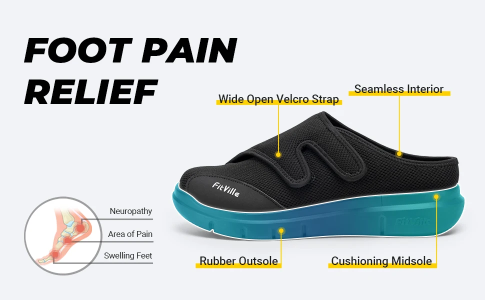 FitVille Men's Half Slippers Diabetic Shoes Extra Wide Adjustable Lightweight Casual Shoe For Swollen Feet Plantar Fasciitis
