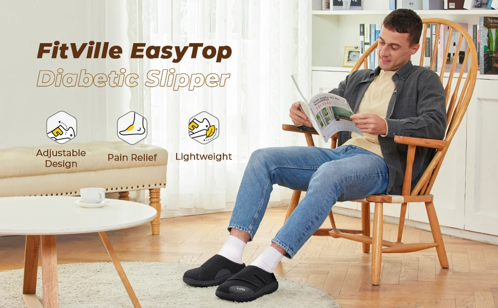 FitVille Men's Half Slippers Diabetic Shoes Extra Wide Adjustable Lightweight Casual Shoe For Swollen Feet Plantar Fasciitis