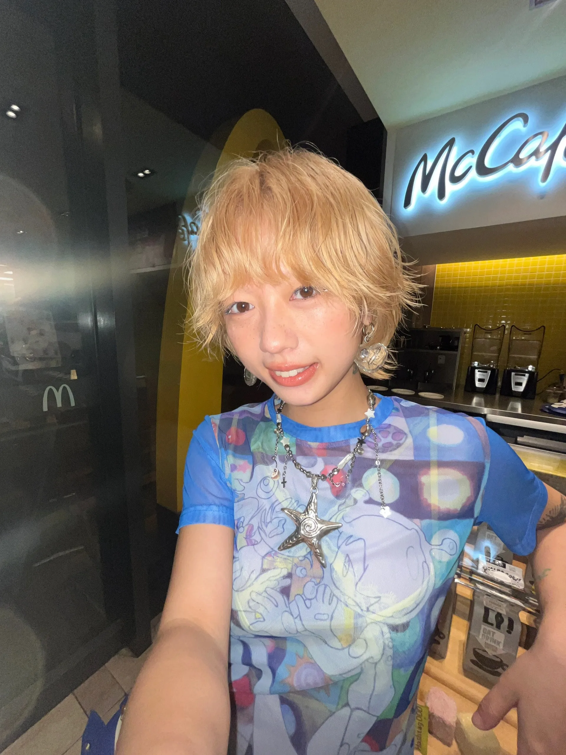 Karrram Japanese Y2k Anime Print T-shirt 2000s Harajuku Short Sleeve Mesh Top Vintage Aesthetics Dreamcore Blue Sheer Top E-girl