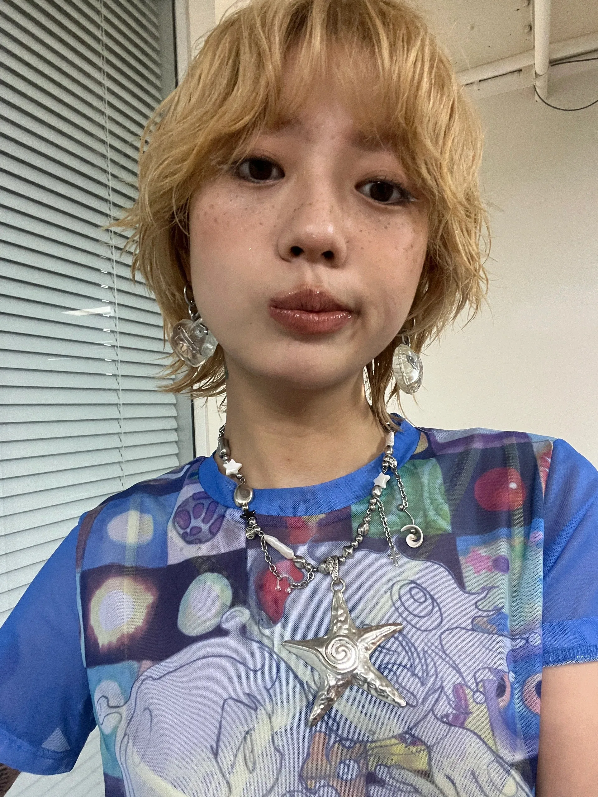 Karrram Japanese Y2k Anime Print T-shirt 2000s Harajuku Short Sleeve Mesh Top Vintage Aesthetics Dreamcore Blue Sheer Top E-girl