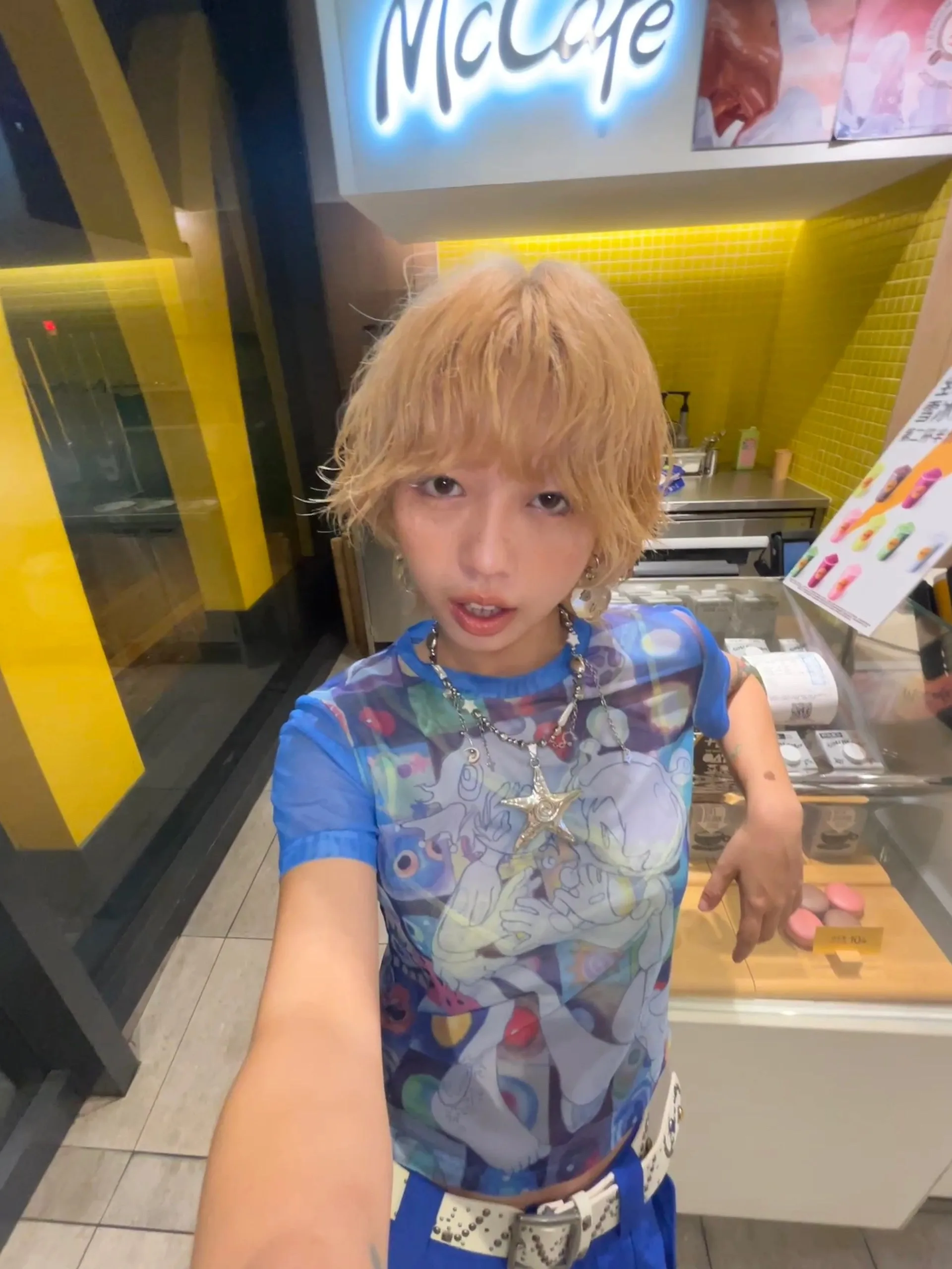 Karrram Japanese Y2k Anime Print T-shirt 2000s Harajuku Short Sleeve Mesh Top Vintage Aesthetics Dreamcore Blue Sheer Top E-girl