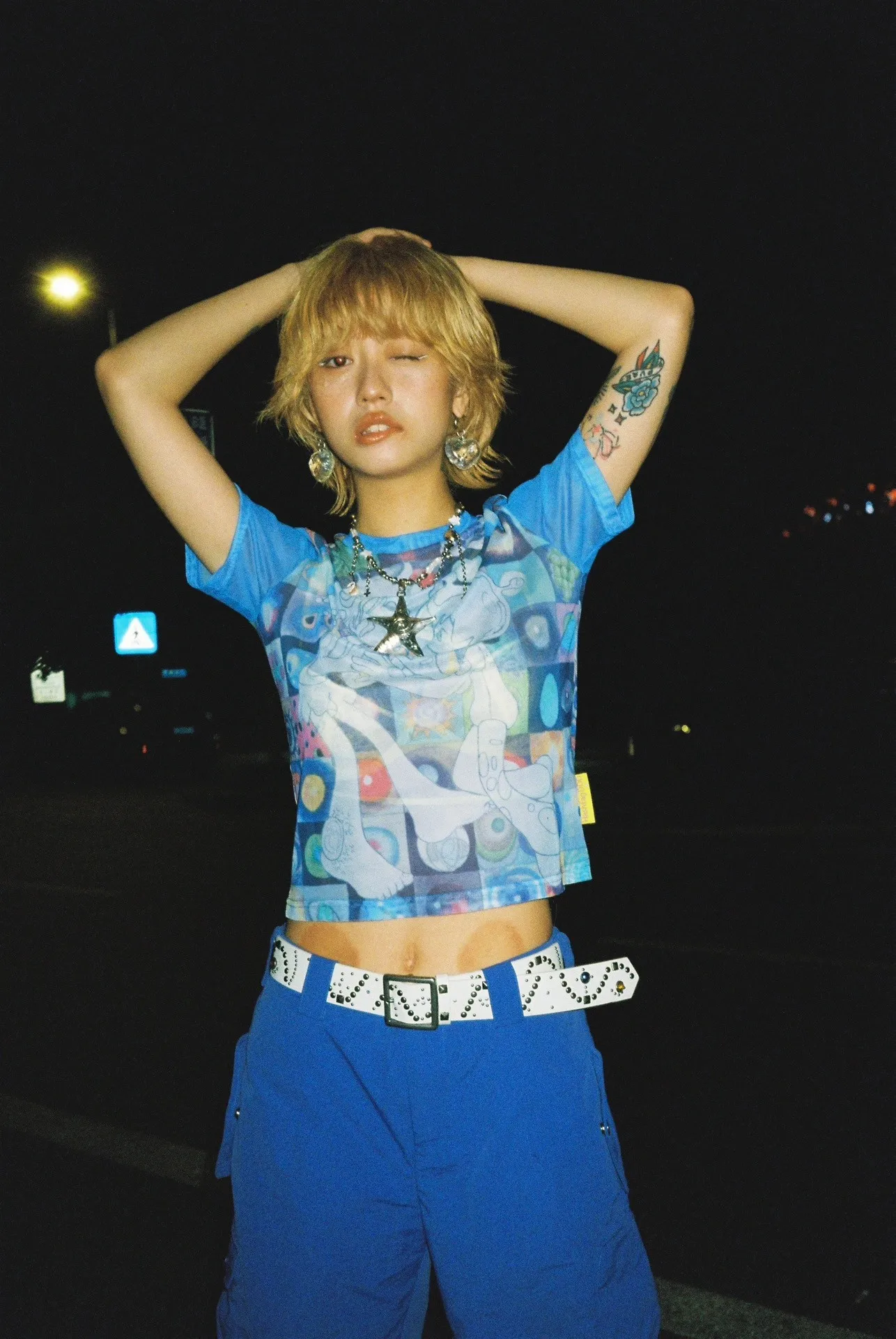 Karrram Japanese Y2k Anime Print T-shirt 2000s Harajuku Short Sleeve Mesh Top Vintage Aesthetics Dreamcore Blue Sheer Top E-girl