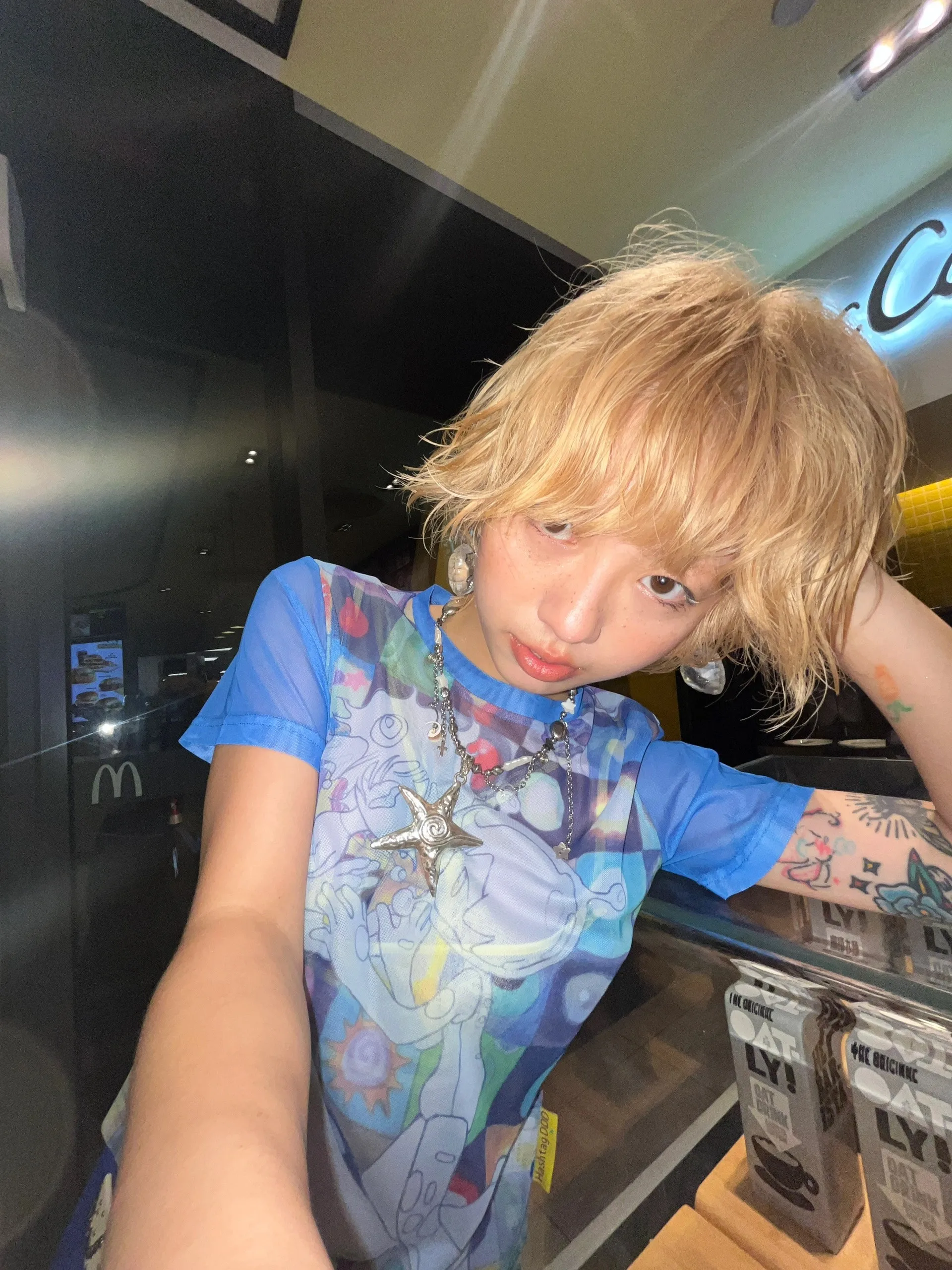 Karrram Japanese Y2k Anime Print T-shirt 2000s Harajuku Short Sleeve Mesh Top Vintage Aesthetics Dreamcore Blue Sheer Top E-girl