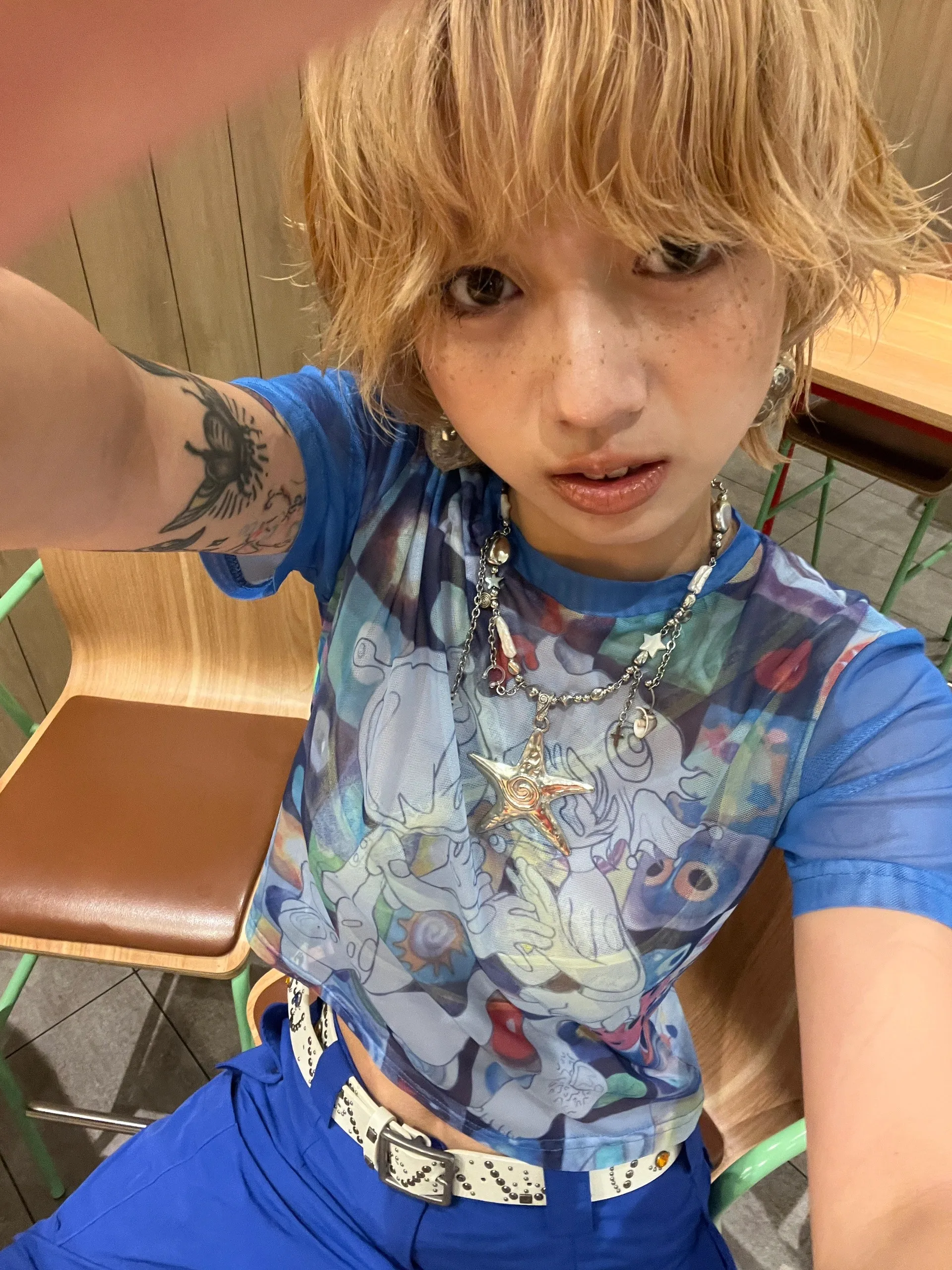 Karrram Japanese Y2k Anime Print T-shirt 2000s Harajuku Short Sleeve Mesh Top Vintage Aesthetics Dreamcore Blue Sheer Top E-girl